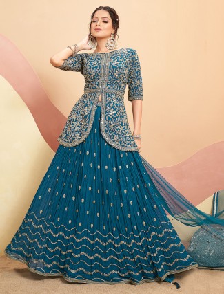 Jacket style prussian blue georgette lehenga suit