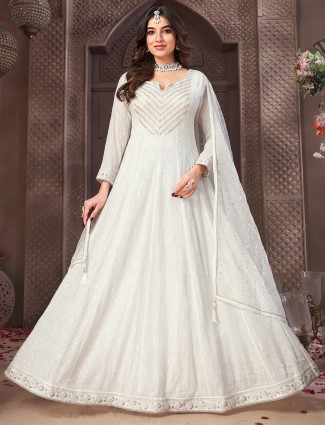 Stylish white georgette anarkali suit with dupatta