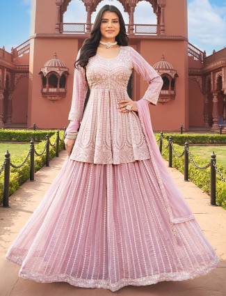 baby pink jacket style lehenga suit