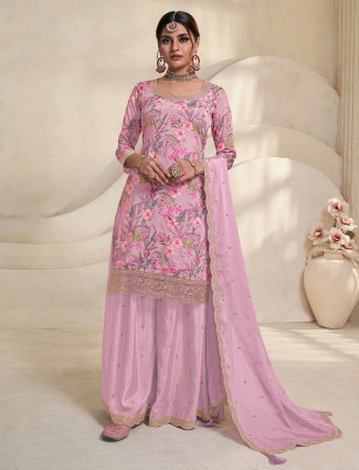 Latest violet silk palazzo suit in printed