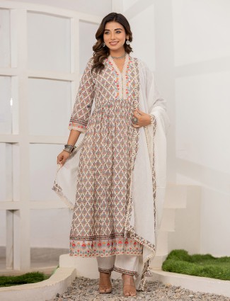 Latest off white printed kurti set with dupatta