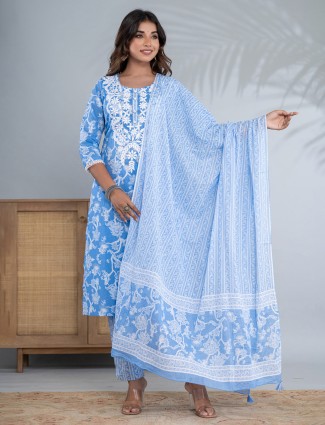 Trendy blue cotton printed kurti set