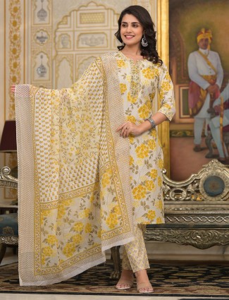 Awesome beige and mustard yellow printed kurti set