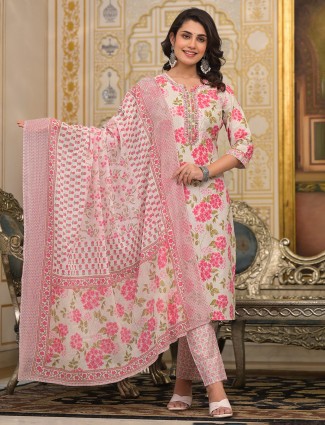 Cotton beige and pink kurti set with dupatta