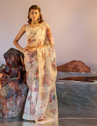 Classic cream printed tissue silk Saree