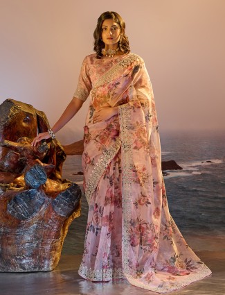 Trendy peach printed tissue silk Saree