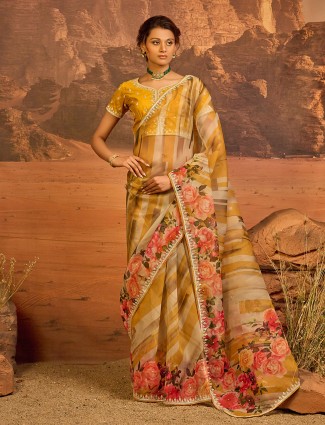 Traditional mustard yellow organza Saree