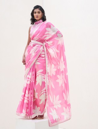 Pink printed Saree in satin