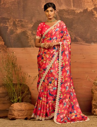 Rani color satin printed saree