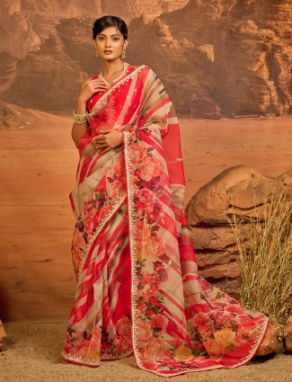 Red printed organza wedding Saree