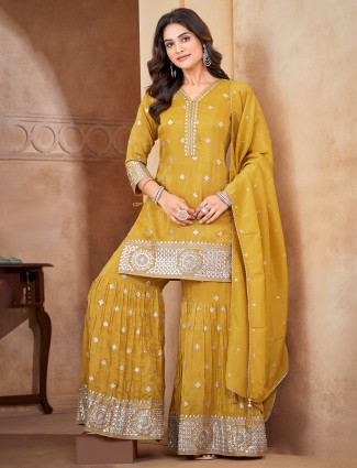 Stunning mustard yellow georgette sharara suit with dupatta