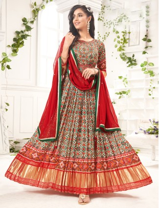 Stunning printed orange silk anarkali suit