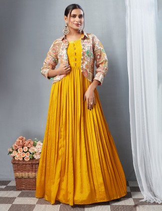 Stylish mustard yellow jacket style anarkali suit