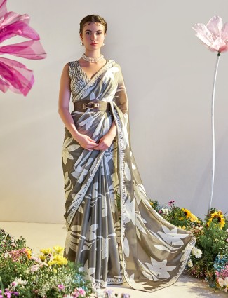 Stunning grey printed satin Saree