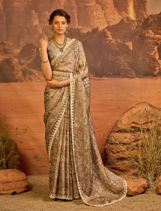 Classic beige printed satin saree