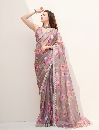 Printed purple organza saree