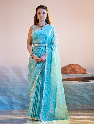 Trendy sky blue printed satin saree