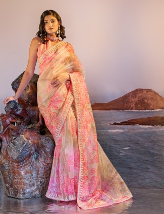 Cream and pink tissue silk Saree