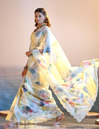 Stunning crepe cream printed saree