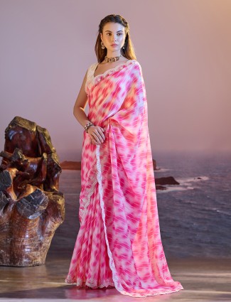 Stunning pink satin printed saree