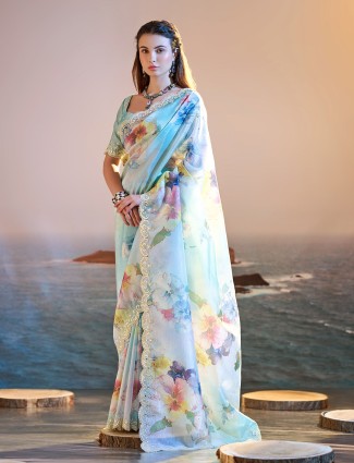 Beautiful sky blue printed saree