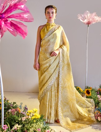 Mustard yellow satin printed saree