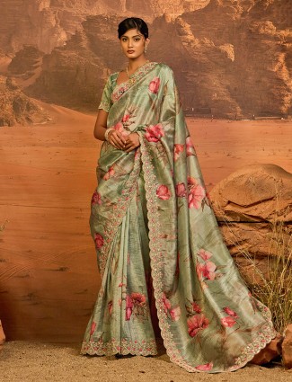 Printed pista green crepe saree