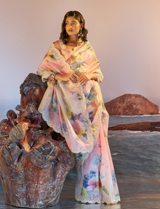 Pretty printed peach crepe saree