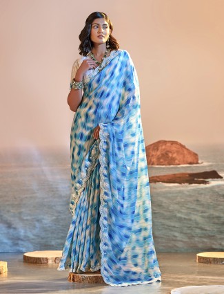 Printed sky blue satin saree