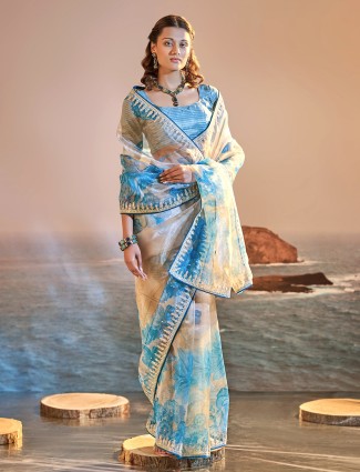 Cream and blue printed saree