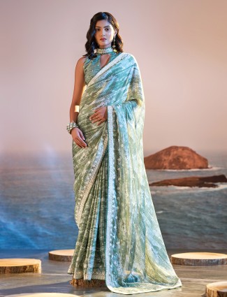 Stunning printed green satin saree