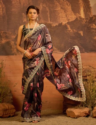 Stunning wine printed wedding saree