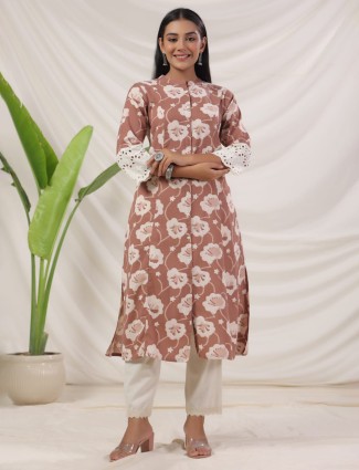 Brown printed casual cotton kurti