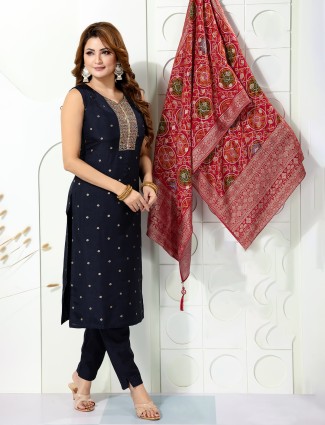 Navy straight cut georgette salwar suit