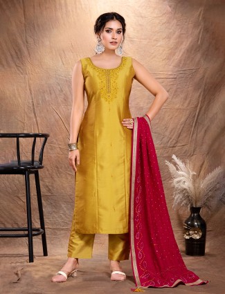 Raw silk mustard yellow straight cut salwar suit