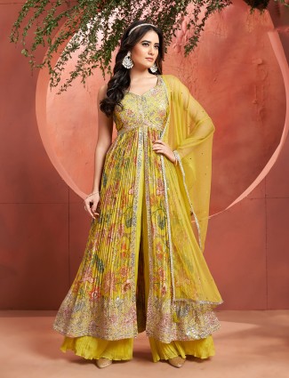 Mustard yellow printed georgette palazzo suit