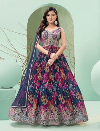 Navy georgette anarkali suit with dupatta