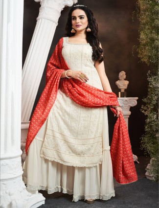 Georgette off-white straight cut sharara suit