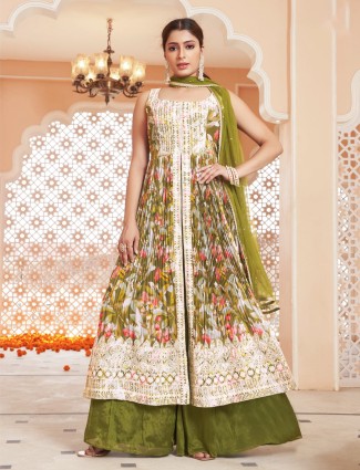 Classy olive printed georgette suit