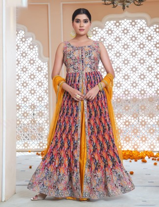 Printed multi color georgette palazzo suit