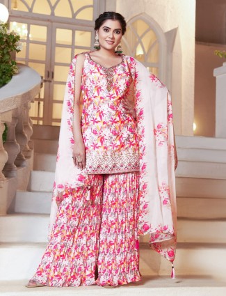 Beautiful white palazzo suit with printed dupatta