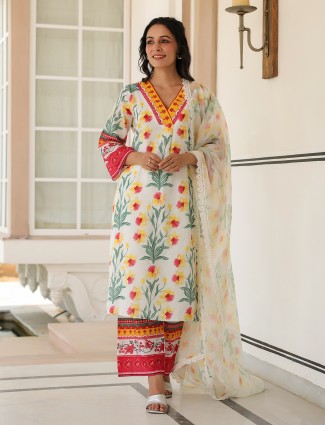 Newest white cotton printed kurti set