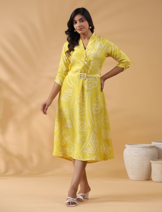 Yellow printed silk casual kurti