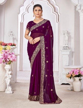 Georgette purple saree with embroidery