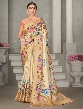 Printed cream tussur silk saree