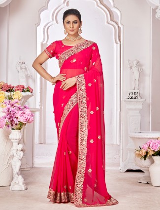 Georgette embroidery magenta saree