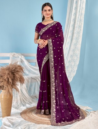 Purple georgette saree with embroidery