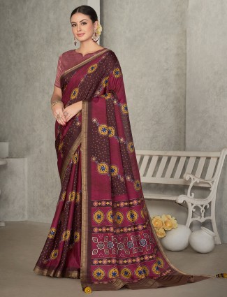 Printed maroon tussur silk saree