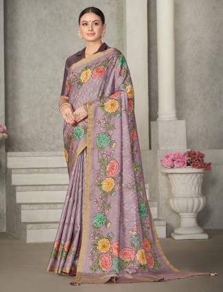 Printed light purple tussur silk saree