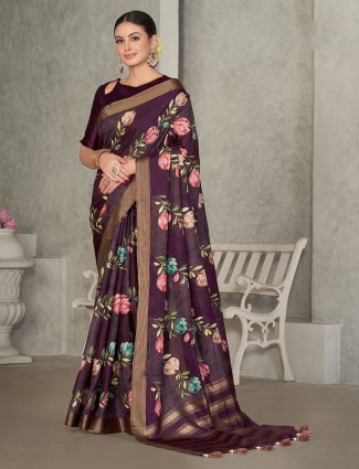 Dark purple tussur silk printed saree